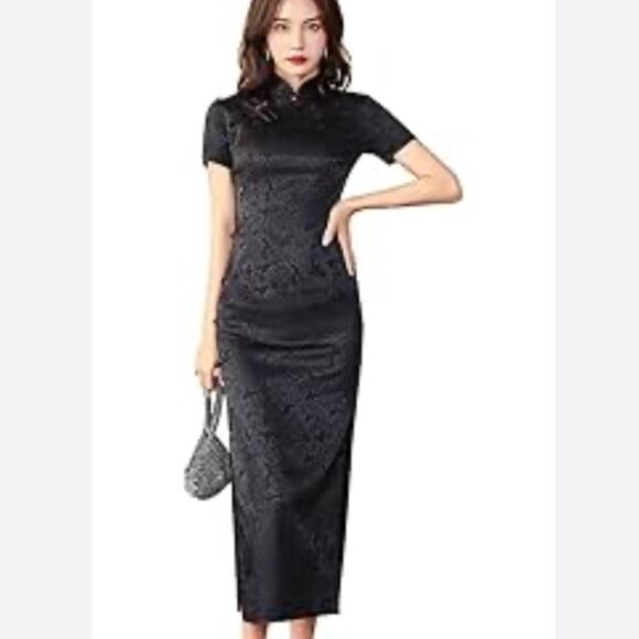 SHANGHAI STORY Chinese Dress Long Cheongsam Satin black Asian midi 4XL plus size - Picture 1 of 16